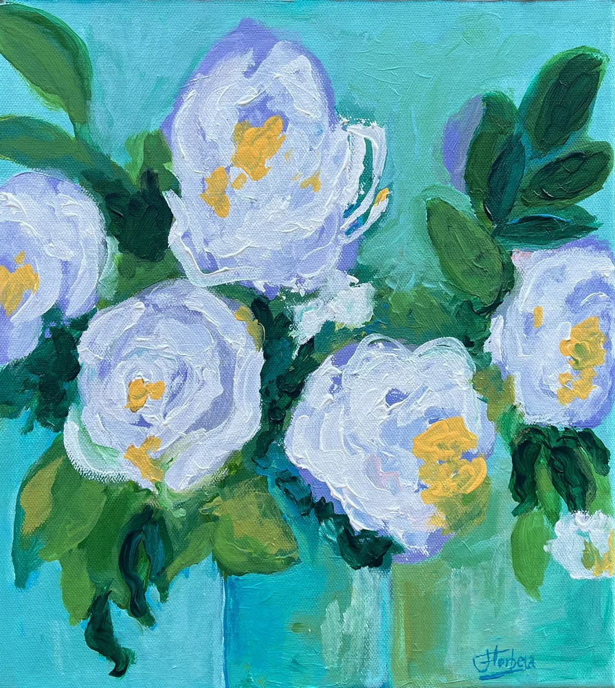 White roses on teal by Florbela Nienaber