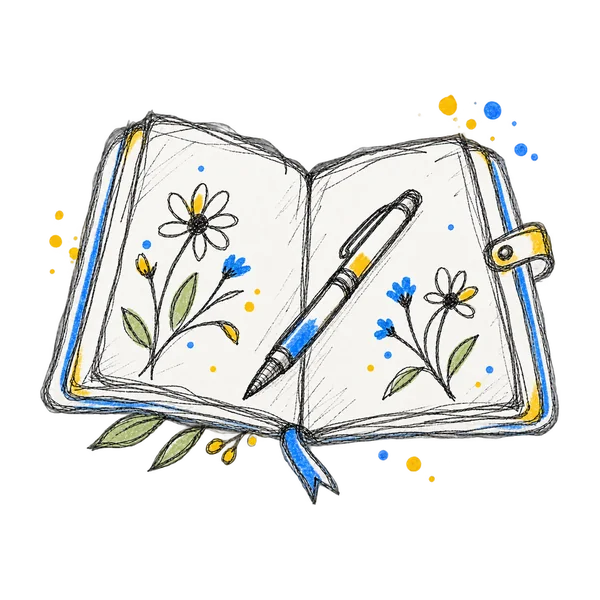 Open journal with painted wildflowers and a pen resting on the page