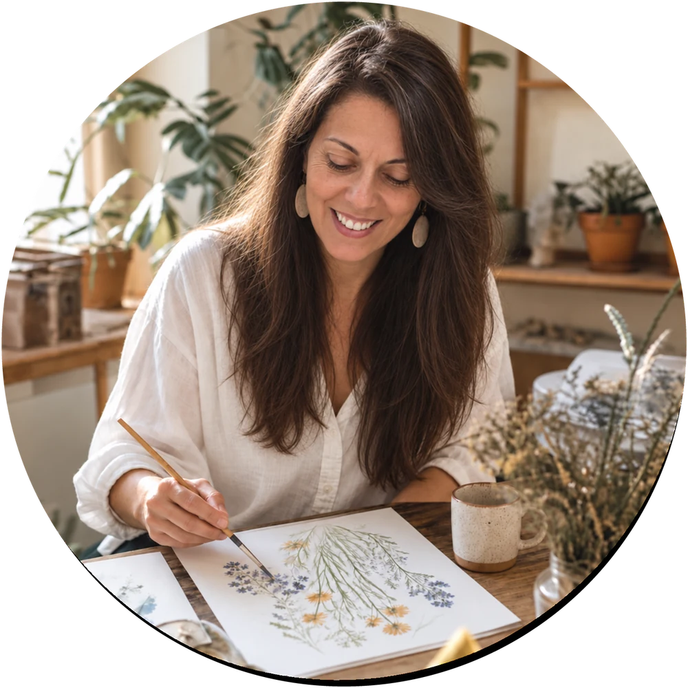 Florbela Nienaber painting botanical watercolors in her studio