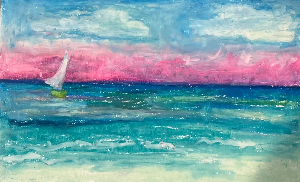 Pink sky sailboat by Florbela Nienaber