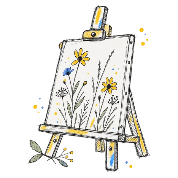 Wooden easel holding a canvas painted with wildflowers